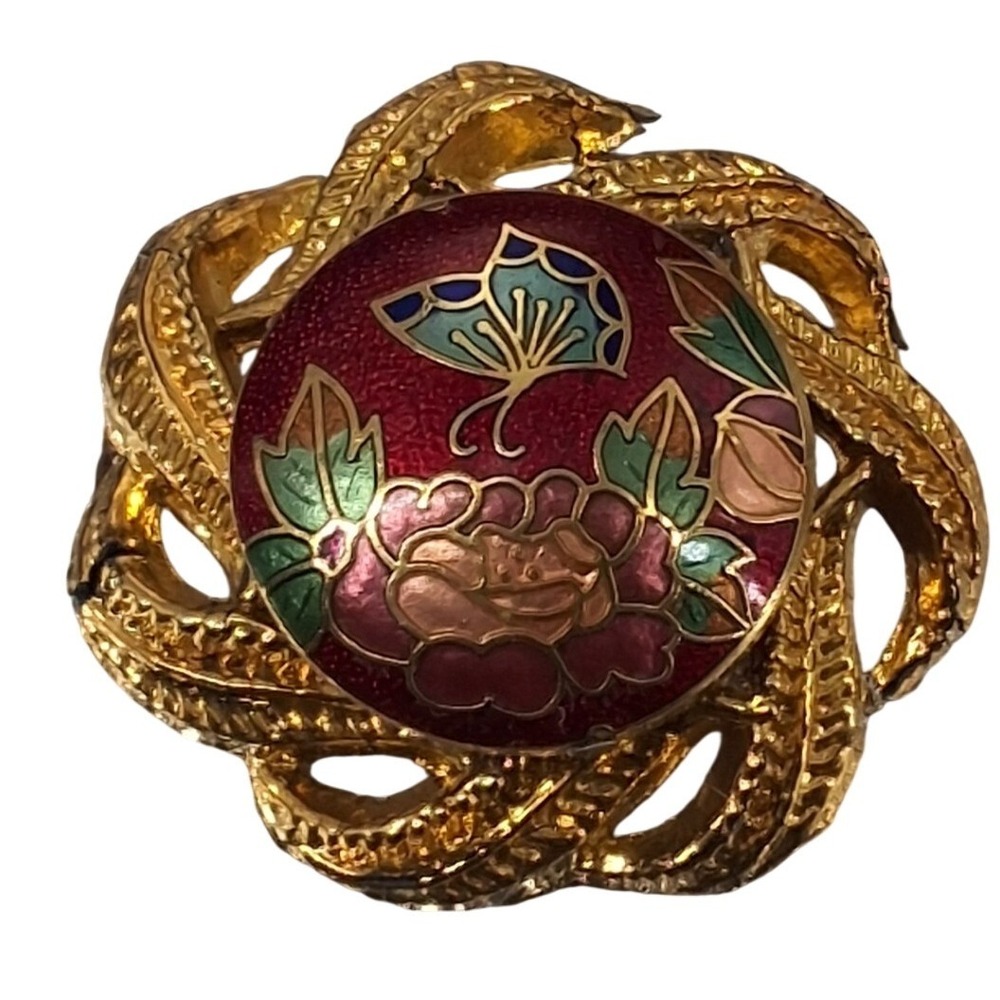 Vintage Red Enamel Cardinal Bird Brooch -‎ Gold Tone Twisted Rope Floral Pin